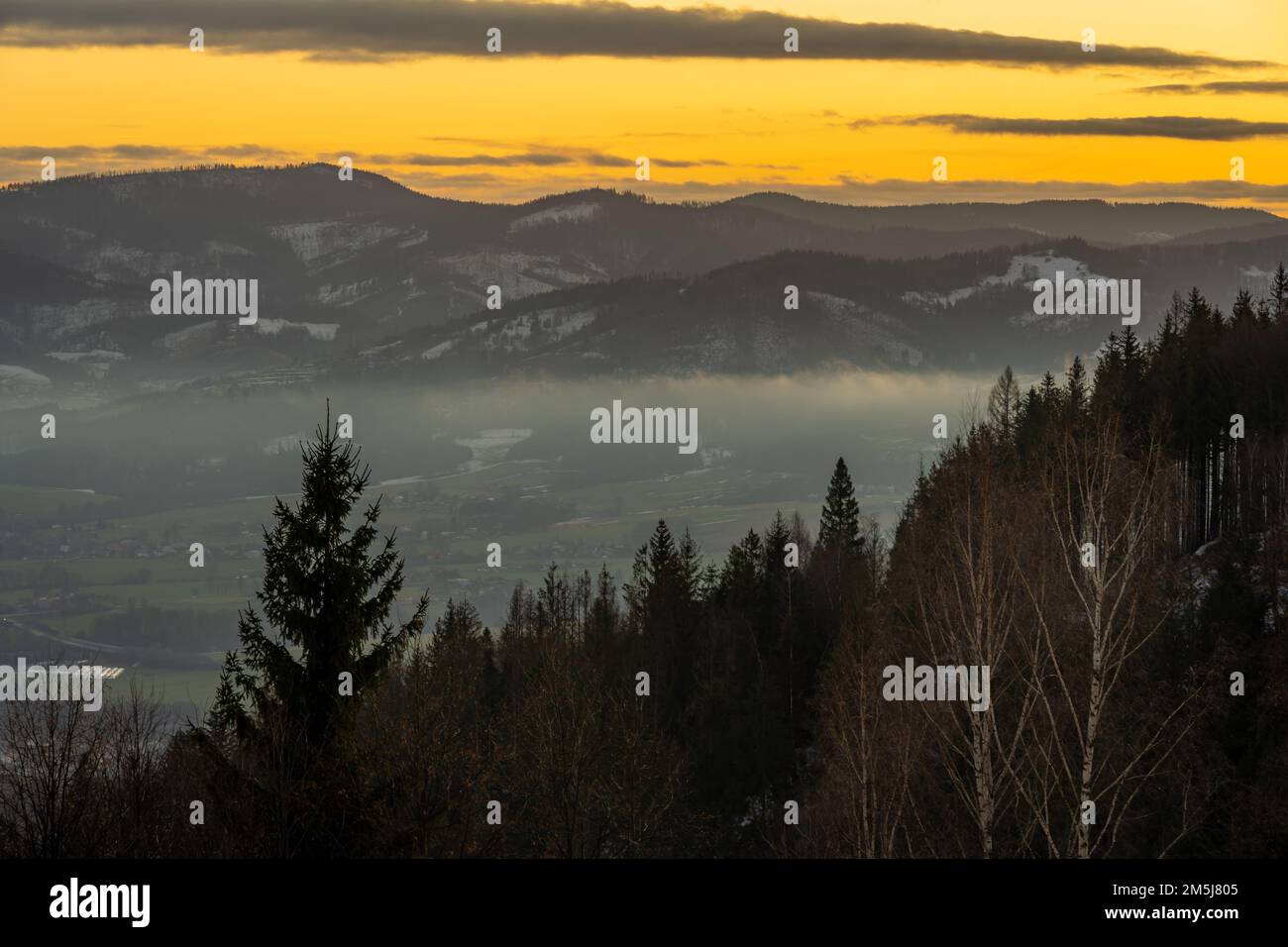 Winter sunset in the mountains, landscape of beskid mountains in Czech Republic nearby polish border Stock Photo
