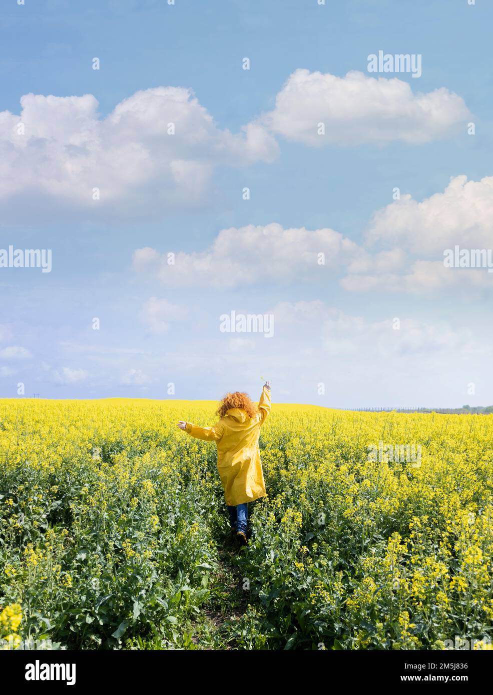 A woman running in a yellow field on a warm spring day Stock Photo