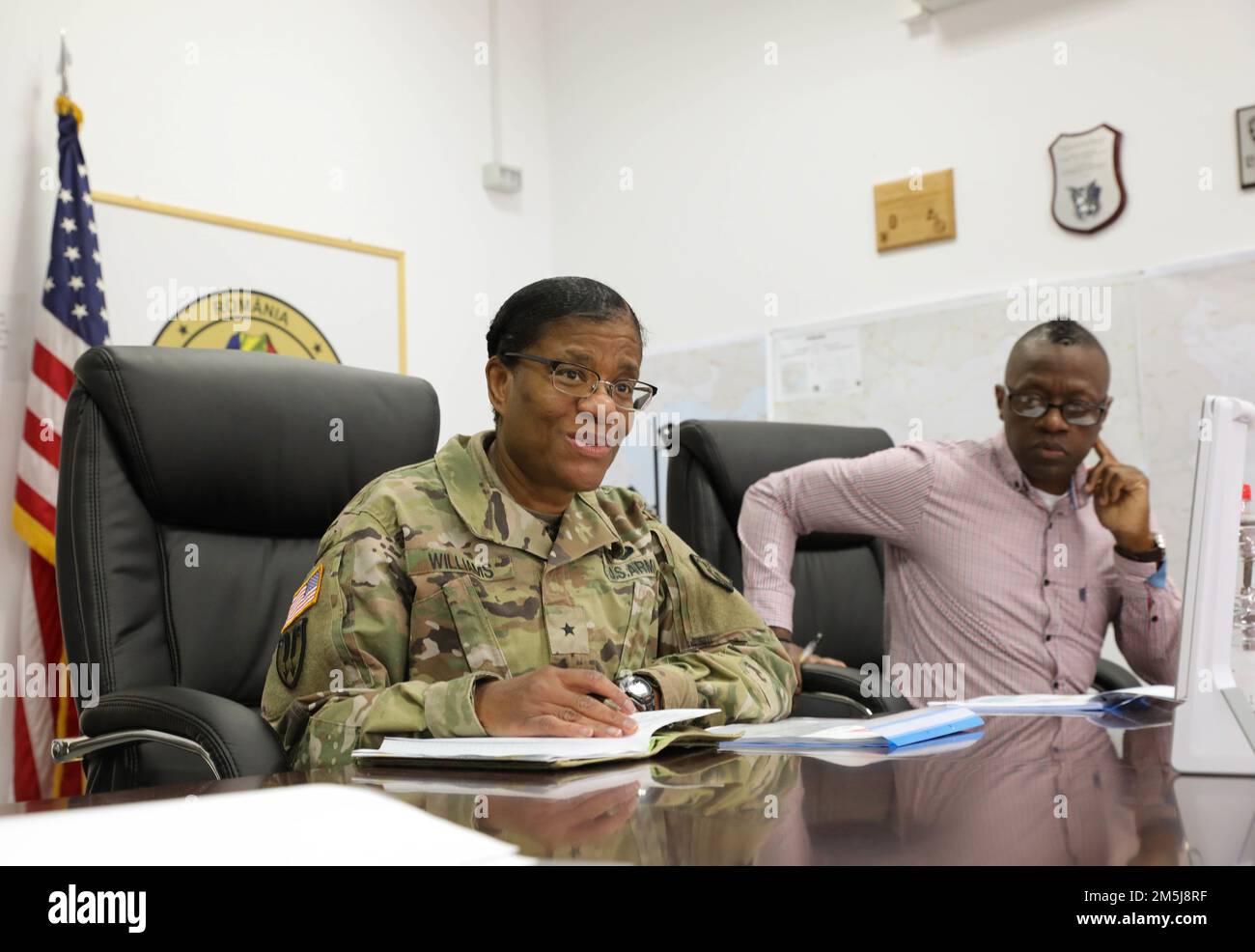 U.S. Army Reserve Brig. Gen. Wanda N. Williams, Deputy Commanding General of 21 st Theater Sustainment Command, speaks at a command brief with Area Support Team Black Sea (ASG and ASA) at Mihail Kogalniceanu Air Base, Romania, on March 18, 2022. The Area Support Team Black Sea supports all U.S. training in Romania, Bulgaria, and Greece in order to enhance U.S. relations with our NATO Allies and Partners. Stock Photo