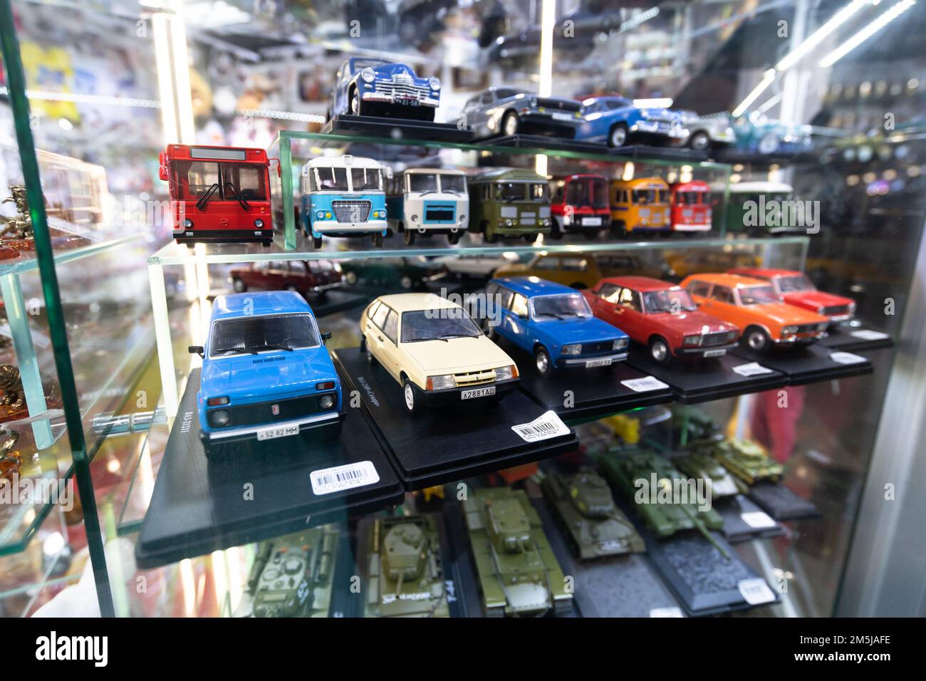 Moscow, Russia Feb 20. 2021. Metal miniature models of Russian cars