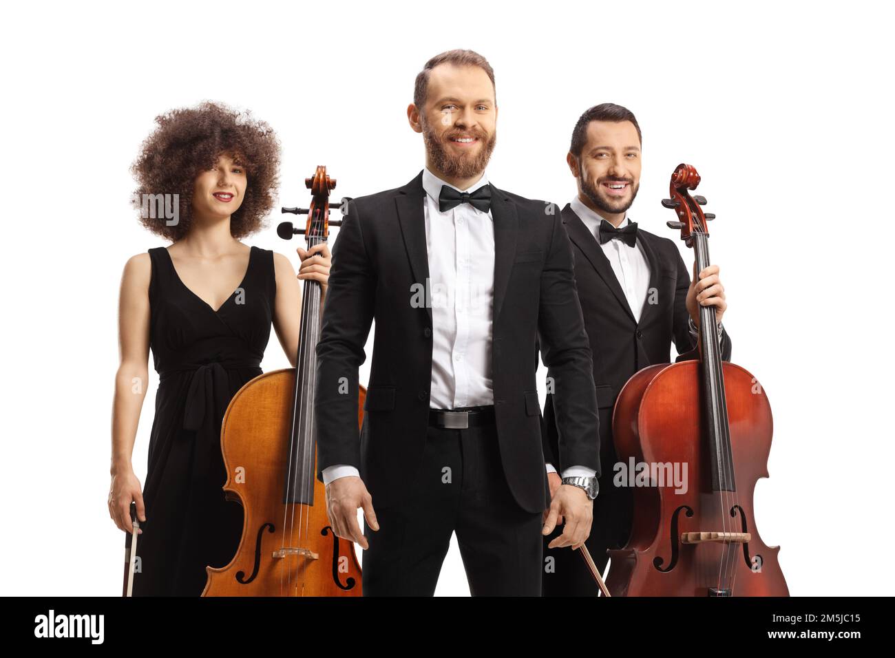 Conductior posing in front of a male and female cellists isolated on white background Stock Photo