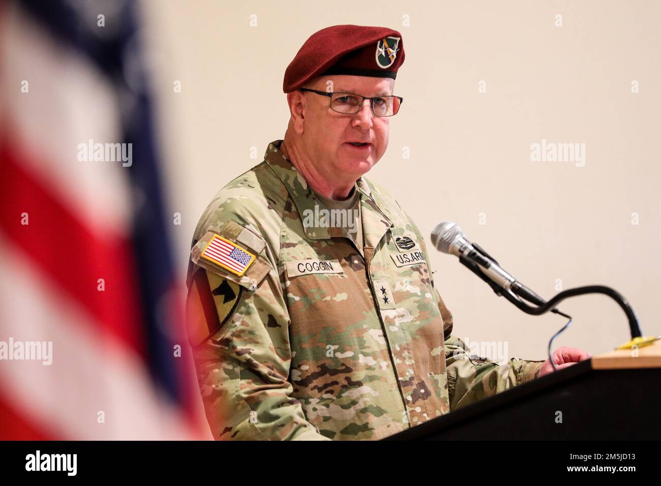 Maj. Gen. Jeffrey Coggin, commanding general of U.S. Army Civil Affairs and Psychological Operations Command, gives a speech during a change of command ceremony at Fort Hamilton, N.Y., March 19, 2022. During the ceremony Brig. Gen Timothy Brennan relinquished command to Brig. Gen. Dean Thompson. Stock Photo