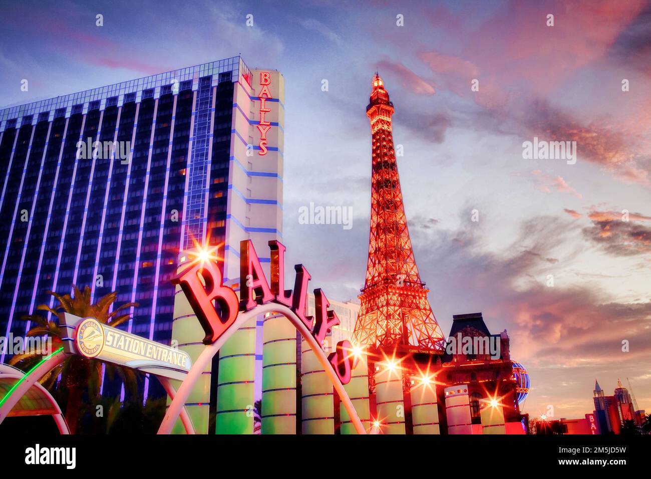 Bally's resort and casino and the Eiffel tower replica at the Paris resort and casino in Las Vegas, Nevada. Stock Photo