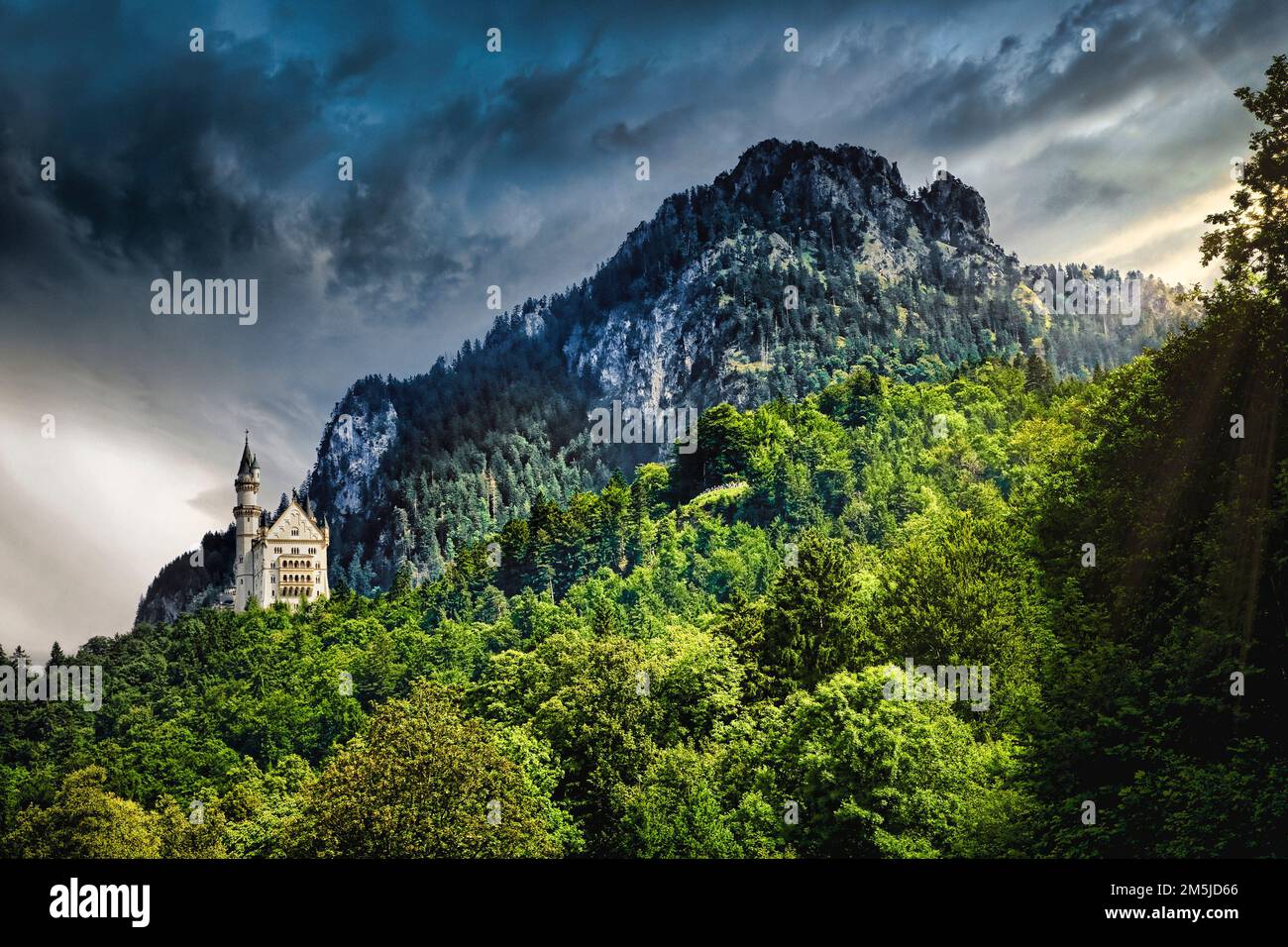 Neuschwanstein Castle stands out against the forest and mountains in Bavaria, Germany. Stock Photo