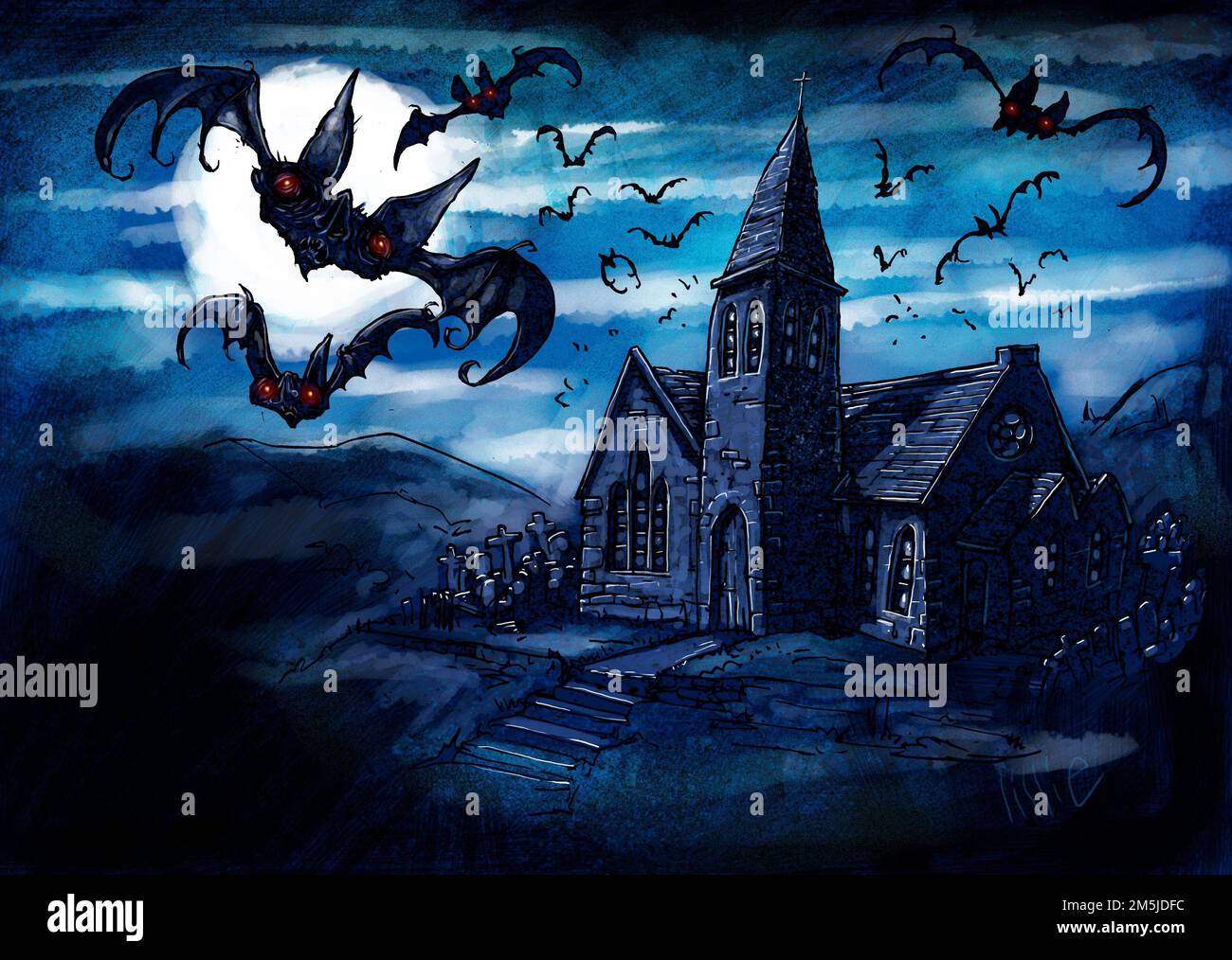 Art illustration of bats flying over a spooky, creepy, abandoned house during full moon, would suit horror, gothic book illustration, editorial art. Stock Photo