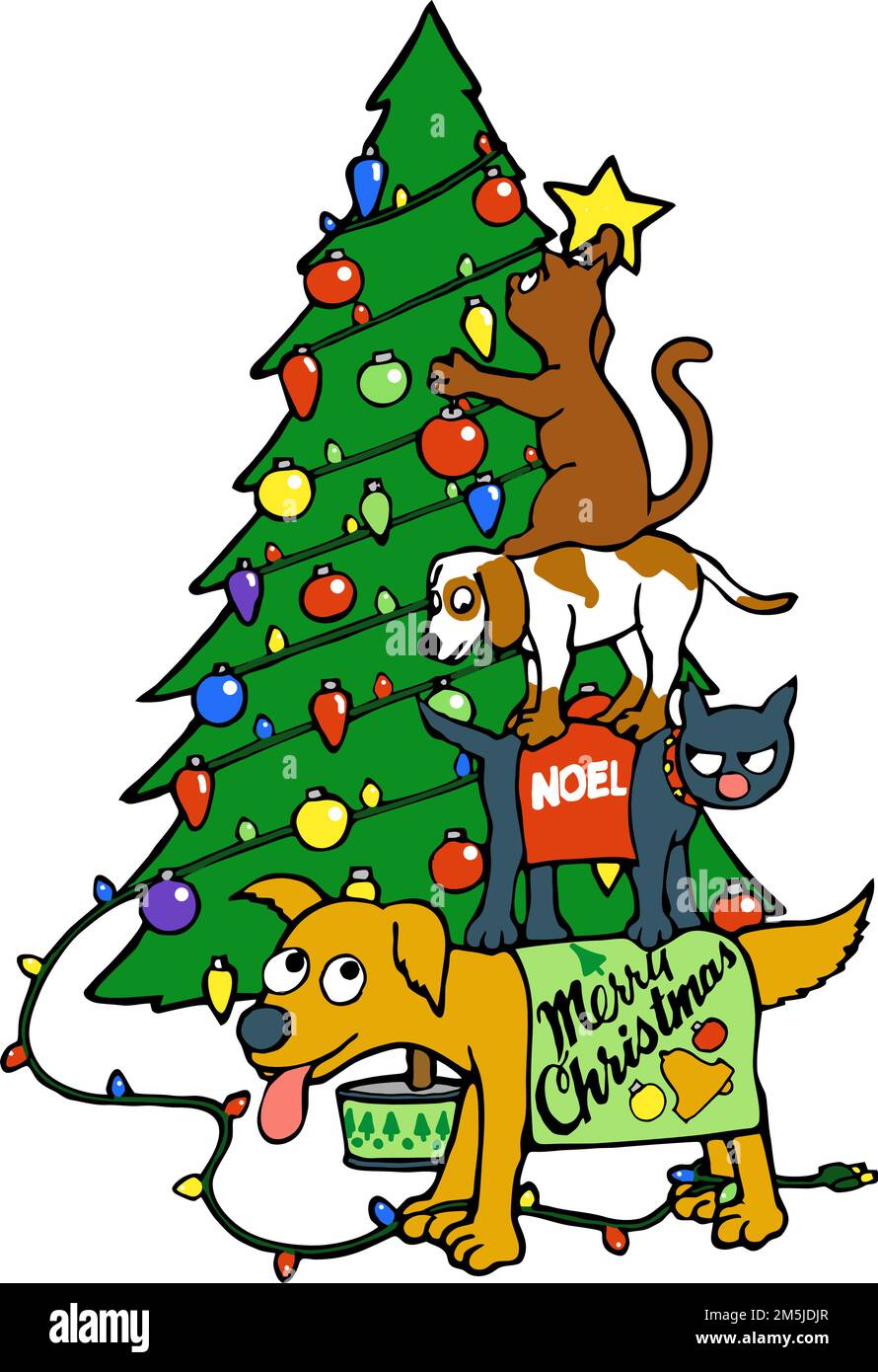 cartoon cats and dogs decorating a christmas tree Stock Vector