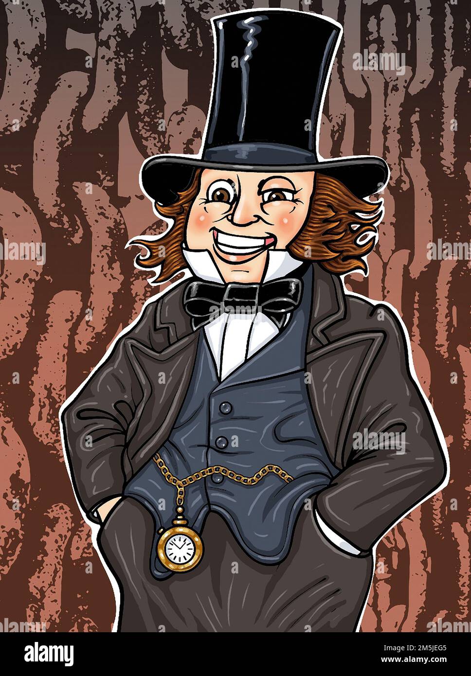Art illustration of smiling Isambard Kingdom Brunel, against backdrop of anchor chains of SS Great Eastern ship. Brunel was a British civil engineer Stock Photo