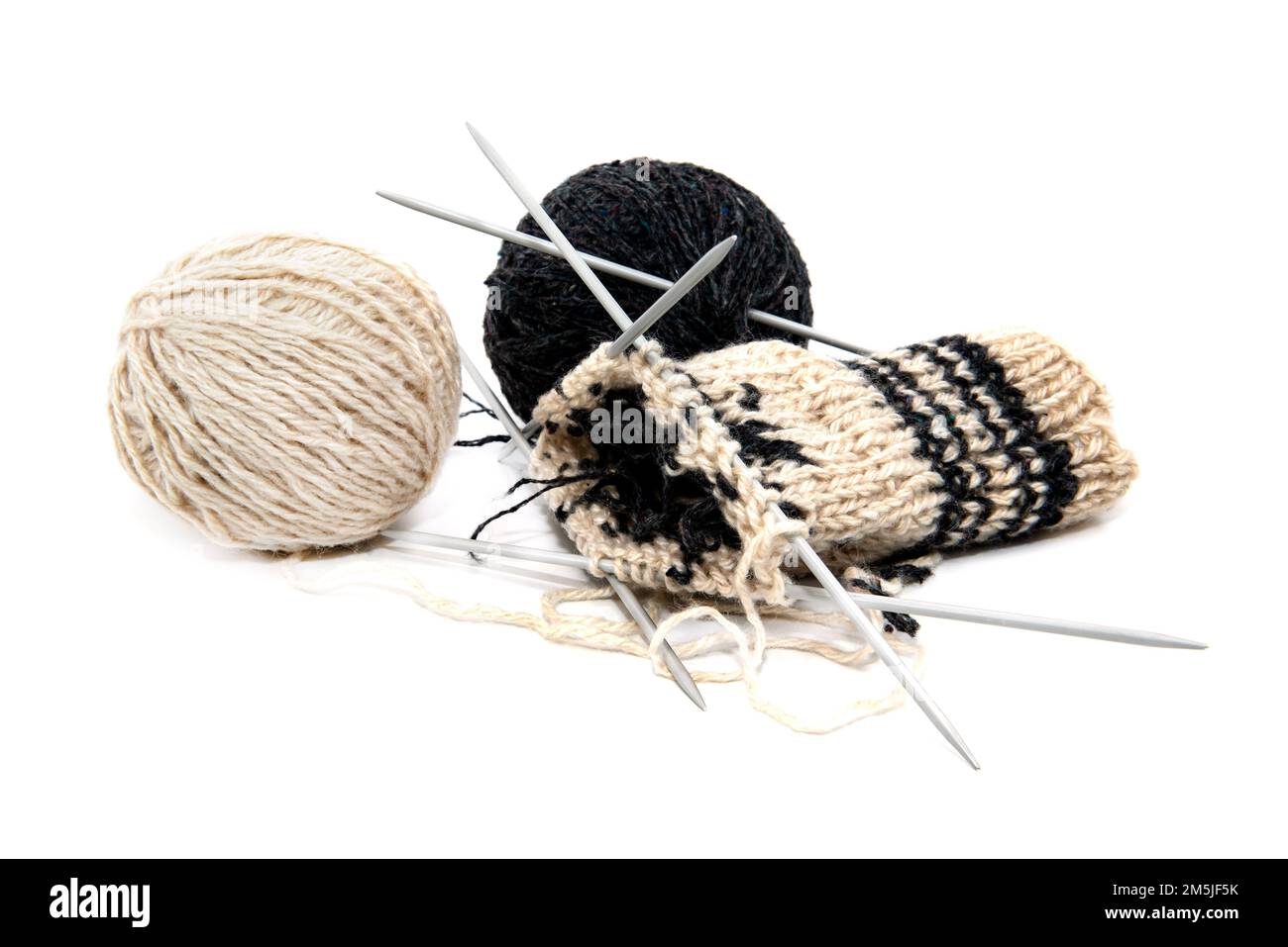 Clew with threads and knitting needles on a white background. Knitting ...