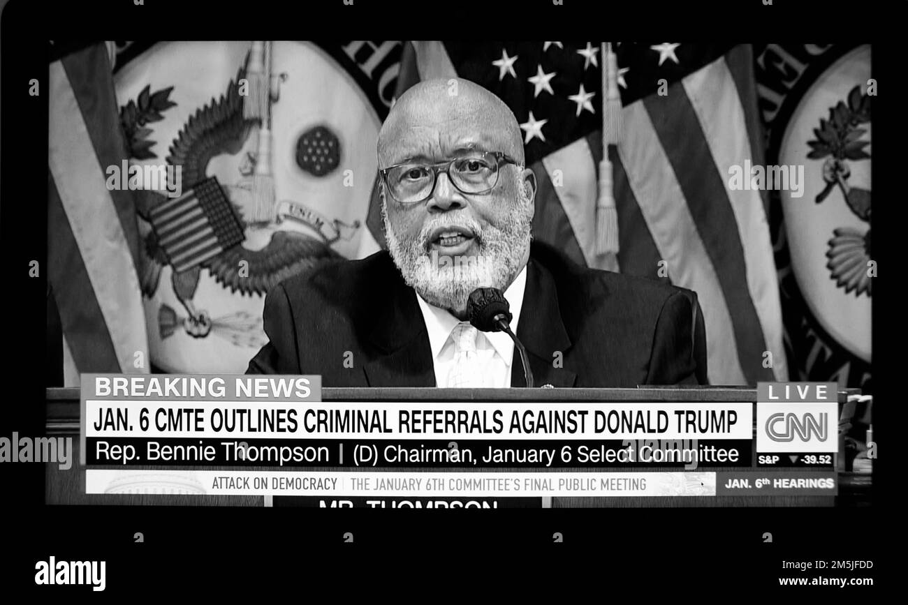 A CNN TV screen shot Jan. 6 Committee Chairman Bernie Thompson announcing criminal referrals against Donald Trump to the U.S. Department of Justice. Stock Photo