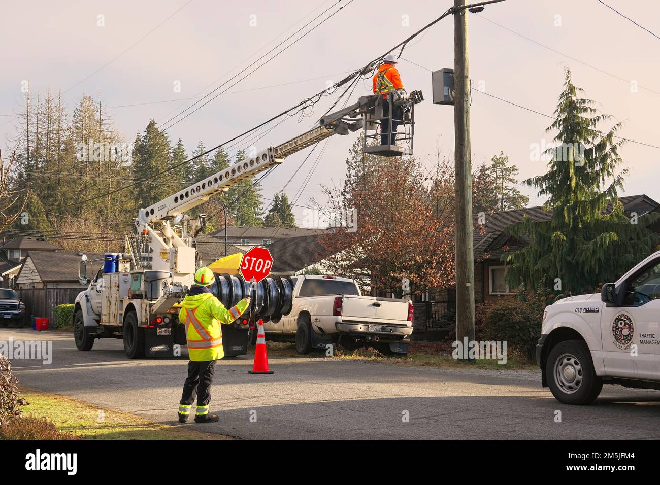 Flag person wearing high visibility jacket holding stop sign as an electrician prepares to connect Fiber Optic cables to a utility pole. Stock Photo