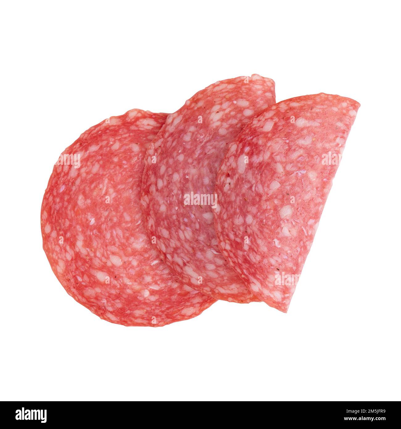 salami sausage slices isolated on white background, three pieces of