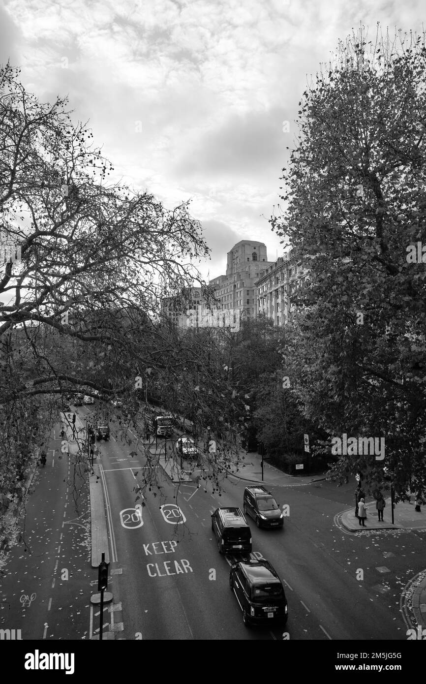 High angle view of the Victoria Embankment (A3211), London, United Kingdom. Black and white image. Stock Photo