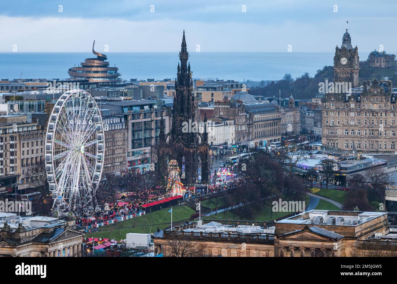 View from above of Christmas market and Big Wheel, Princes Street Gardens, Edinburgh City centre, Scotland, UK Stock Photo