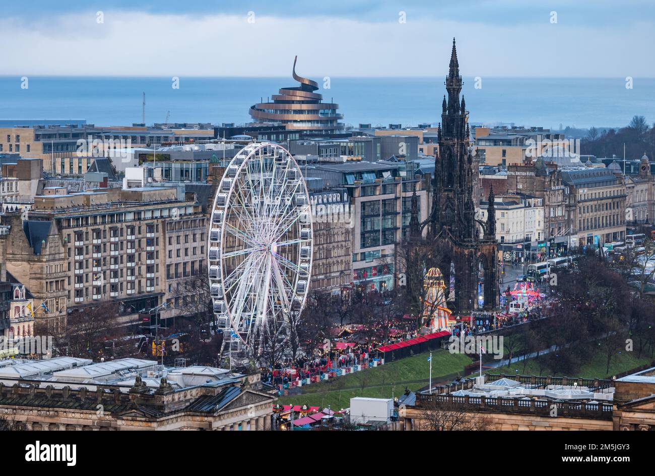 View from above of Christmas market and Big Wheel, Princes Street Gardens, Edinburgh City centre, Scotland, UK Stock Photo