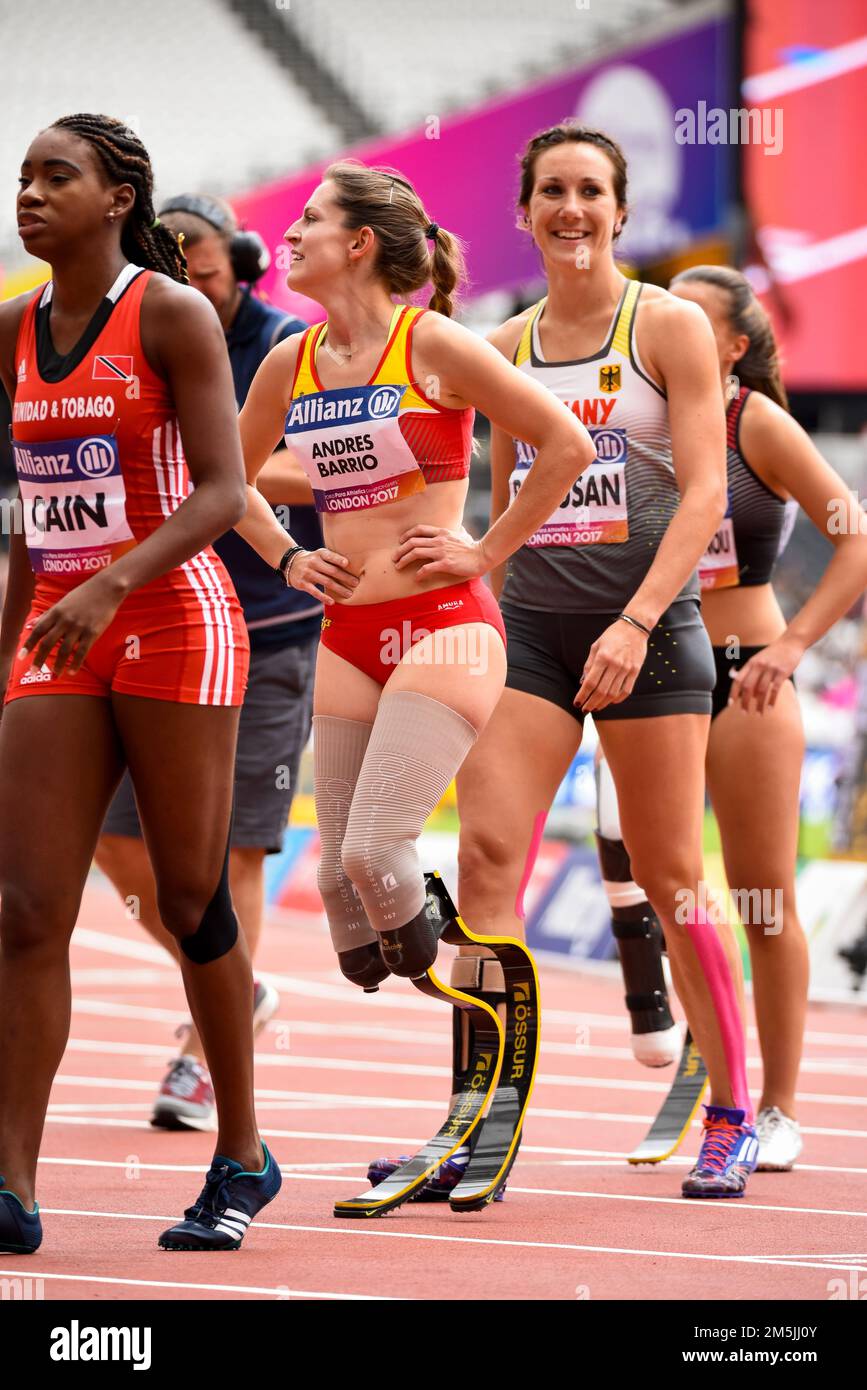 Competitors for the Women's 200m T44 heat walking in at the 2017 World