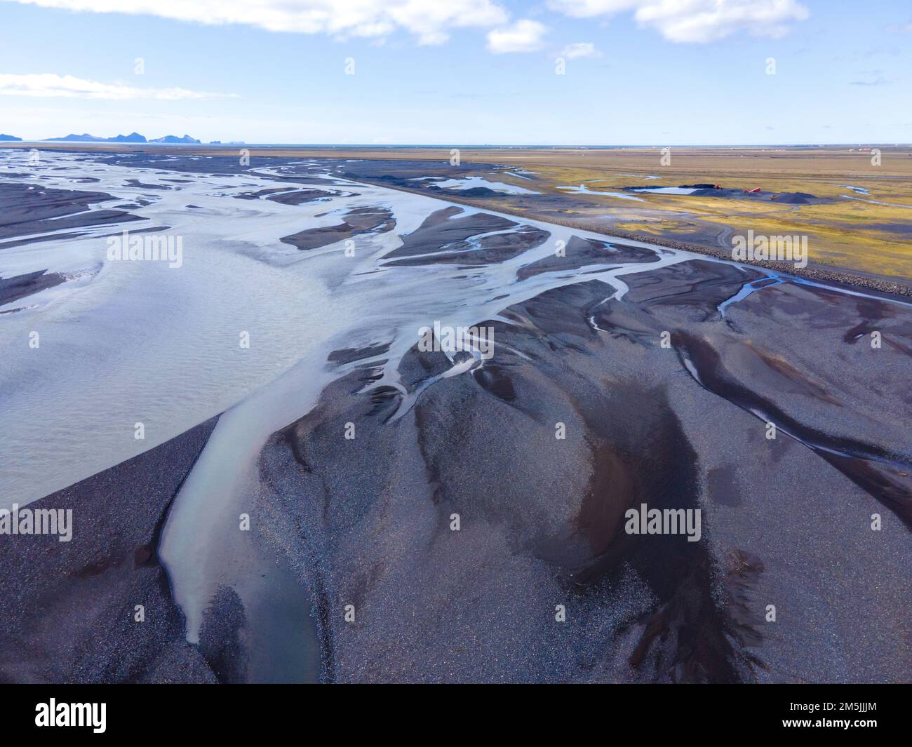 An aerial drone view of a huge riverbed and delta, glacial river system