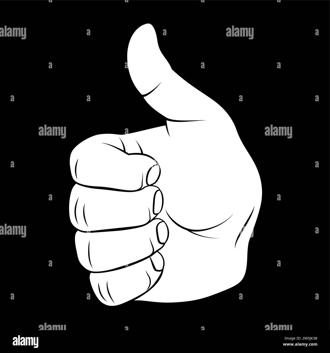 Hand Showing Symbol Like. Making a Thumb up Gesture. Like Positive Fist on White Backdrop. Thin Line Icon for Website Design on Black Background Stock Vector