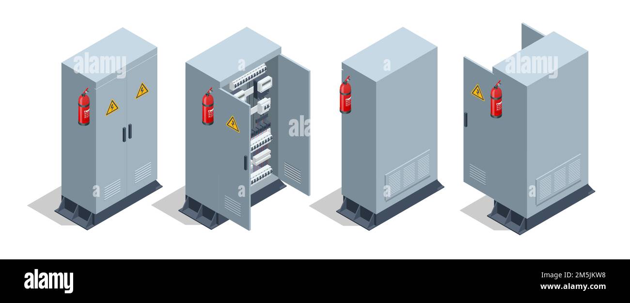 Isometric Electric switchboard. Transformer. Distribution board