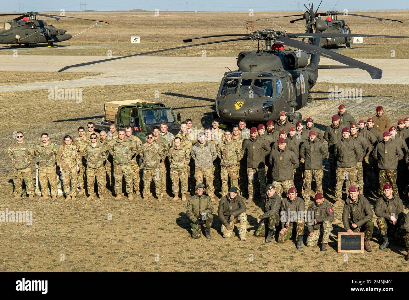 MIHAIL KOGALNICEANU AIR BASE, Romania –Bravo Company, 3rd Battalion, 227th Aviation Regiment poses for a photo with the Royal Netherlands 11th Air Assault Brigade following the completion of Exercise Rapid Falcon, MK Air Base, Romania, March 19, 2022.    1st Air Cavalry Brigade and Dutch 11th Air Assault Brigade worked together for sling load and air assault training during Rapid Falcon to increase interoperability and strengthen the NATO alliance. Stock Photo