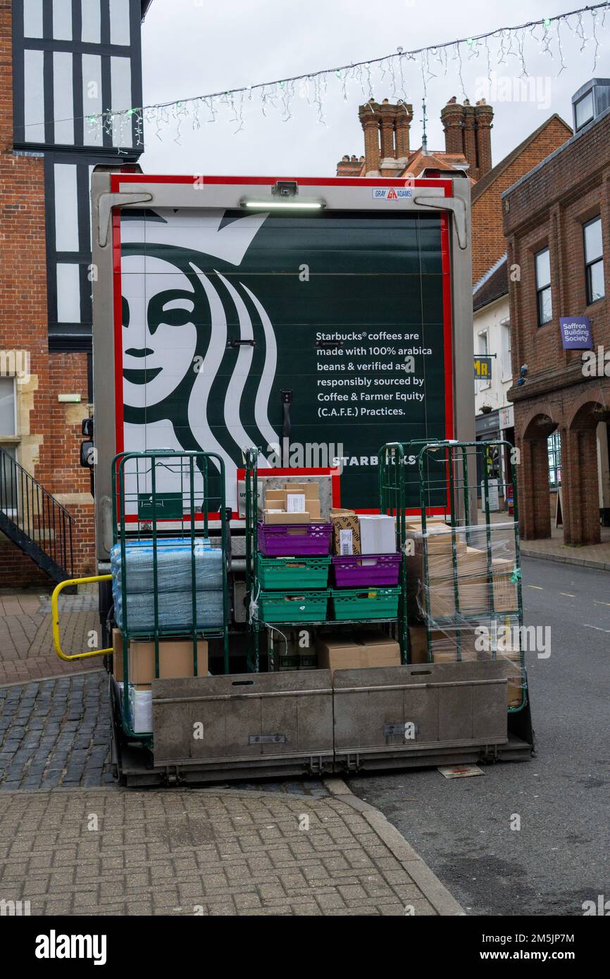 Starbucks coffee delivery truck unloading supplies in Saffron Walden, Essex, UK Stock Photo