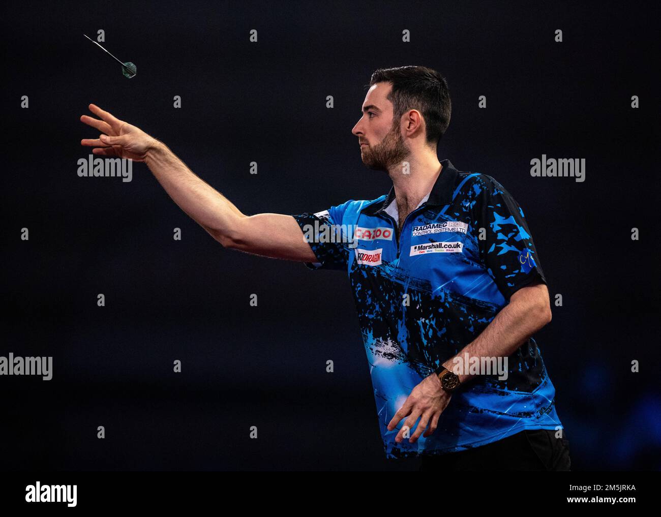 Luke Humphries in action during day twelve of the Cazoo World Darts