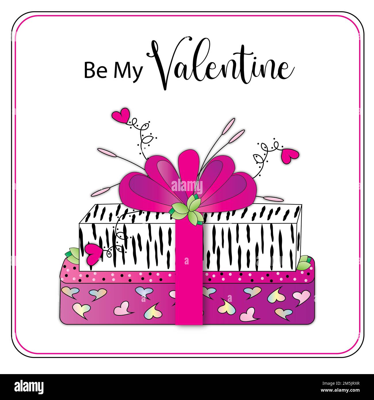 Be My Valentine graphic of presents wrapped in fuchsia and zebra print paper along with decorative hearts.  Isolated on white background Stock Photo