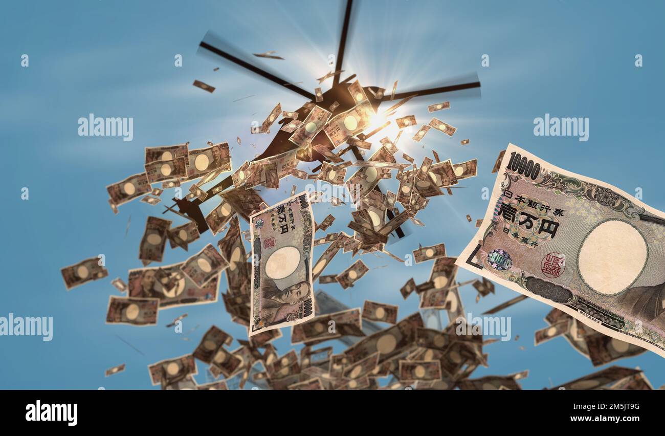 Japanese Yen banknotes helicopter money dropping. Japan Yen 10000 JPY notes abstract 3d concept of inflation, money printing, finance, economy, crisis Stock Photo
