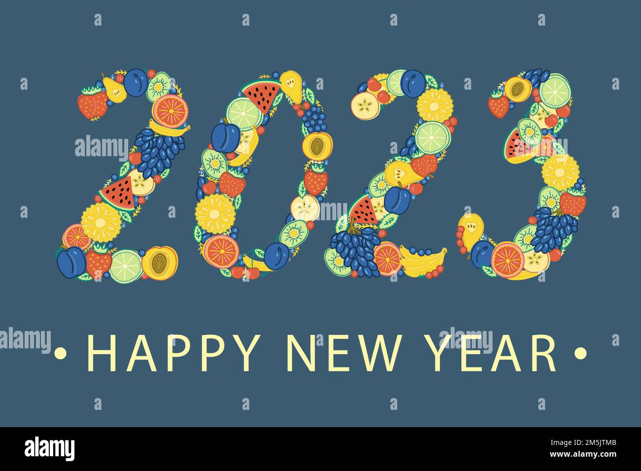 The numbers in the year 2023 are lined with bright colorful fruits and berries. Happy New Year greeting card. Stock Vector