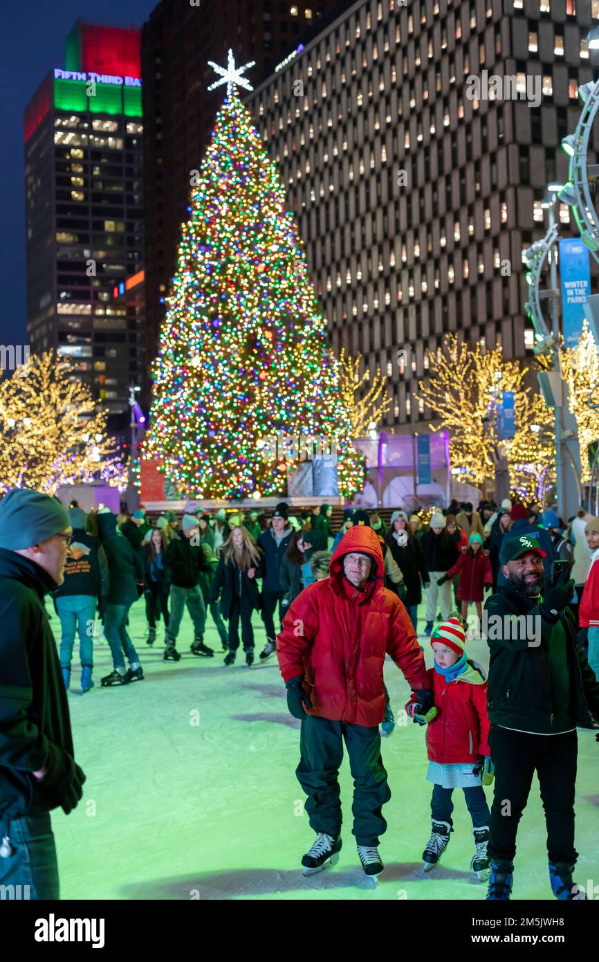 Detroit, Michigan Ice skaters on the Campus Martius ice rink in downtown Detroit during the
