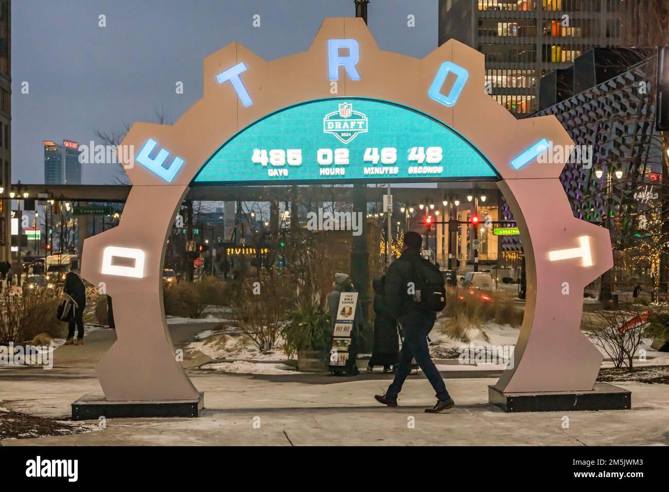 Detroit, Michigan - A clock counts down the time remaining until the 2024 National Football League draft, which will be held in Detroit. Stock Photo