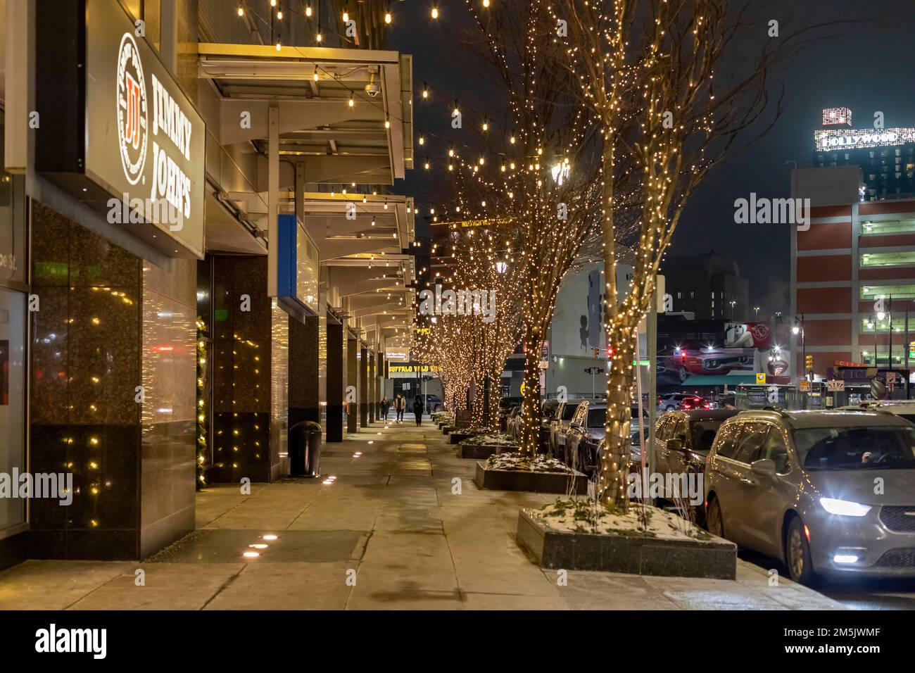 Detroit, Michigan - Trees along a downtown sidewalk, decorated for the winter holidays. Stock Photo