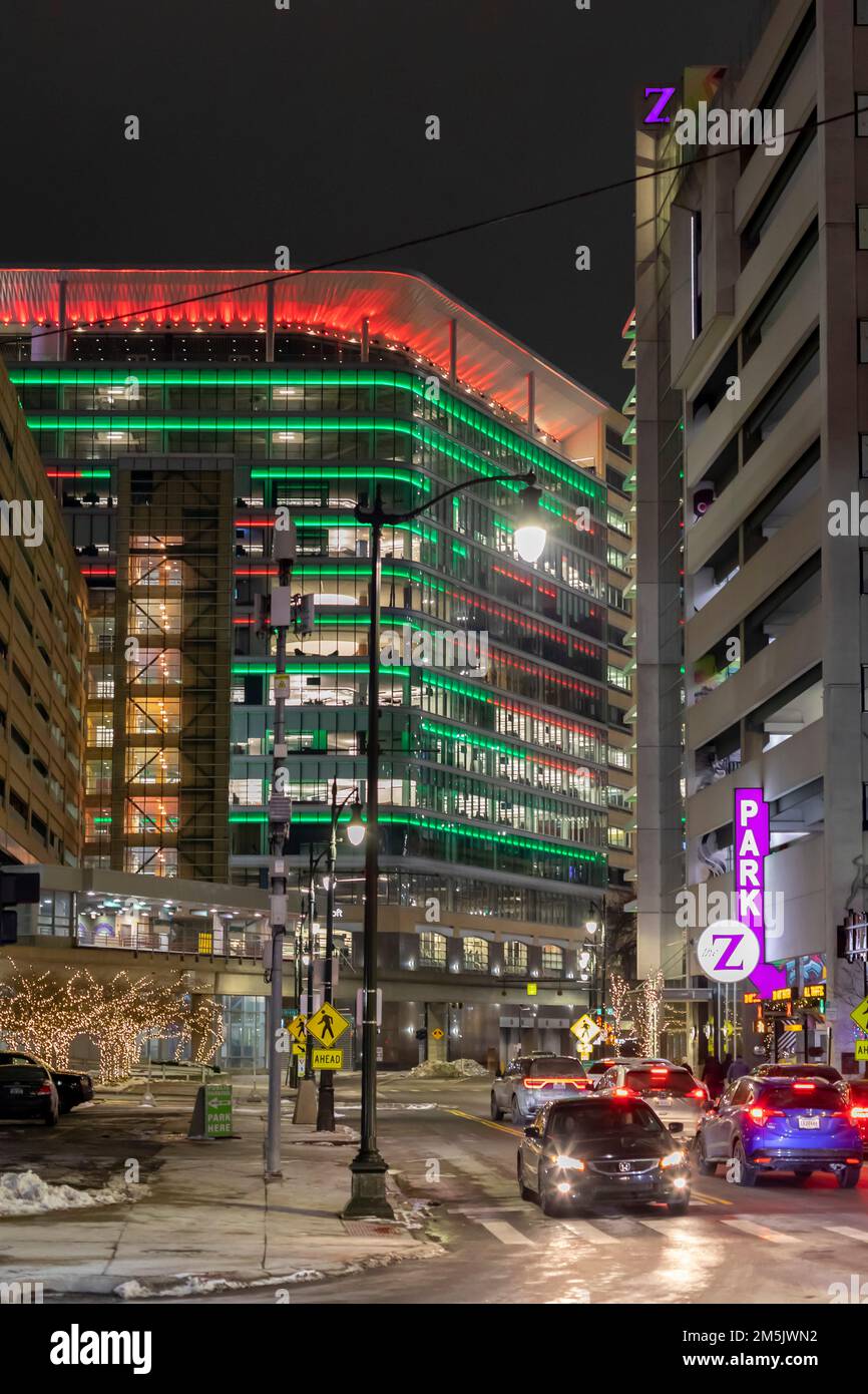 Detroit, Michigan - Red and green lights on the One Campus Martius office building, decorated for the winter holidays. Stock Photo