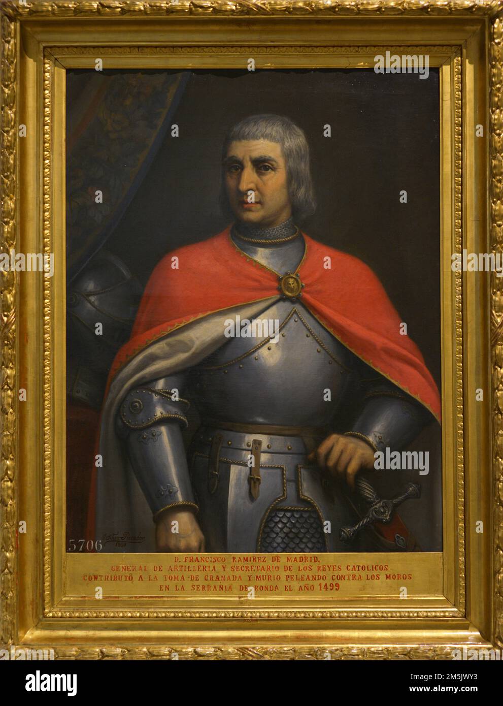 Francisco Ramirez de Madrid (c. 1445-1501), the Artilleryman. Artillery General and Secretary to the Catholic Monarchs. He took part in the capture of Granada. Died fighting against the Muslims in Sierra Bermeja on 18 March 1501, where he had been commissioned by royal order to put down the uprising of the Mudejars of the Serrania de Ronda. Portrait by Jose Sanchez Pescador (1839-1887) in 1880. Oil on canvas. Army Museum. Toledo, Spain. Stock Photo