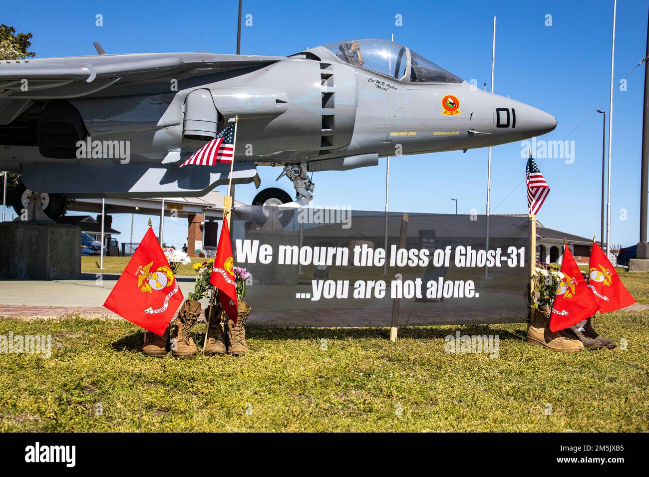 The Marine Corps Air Station Cherry Point (MCAS) Spouses Club set up a memorial for Ghost-31 at MCAS Cherry Point, North Carolina, March 21, 2022. Stock Photo