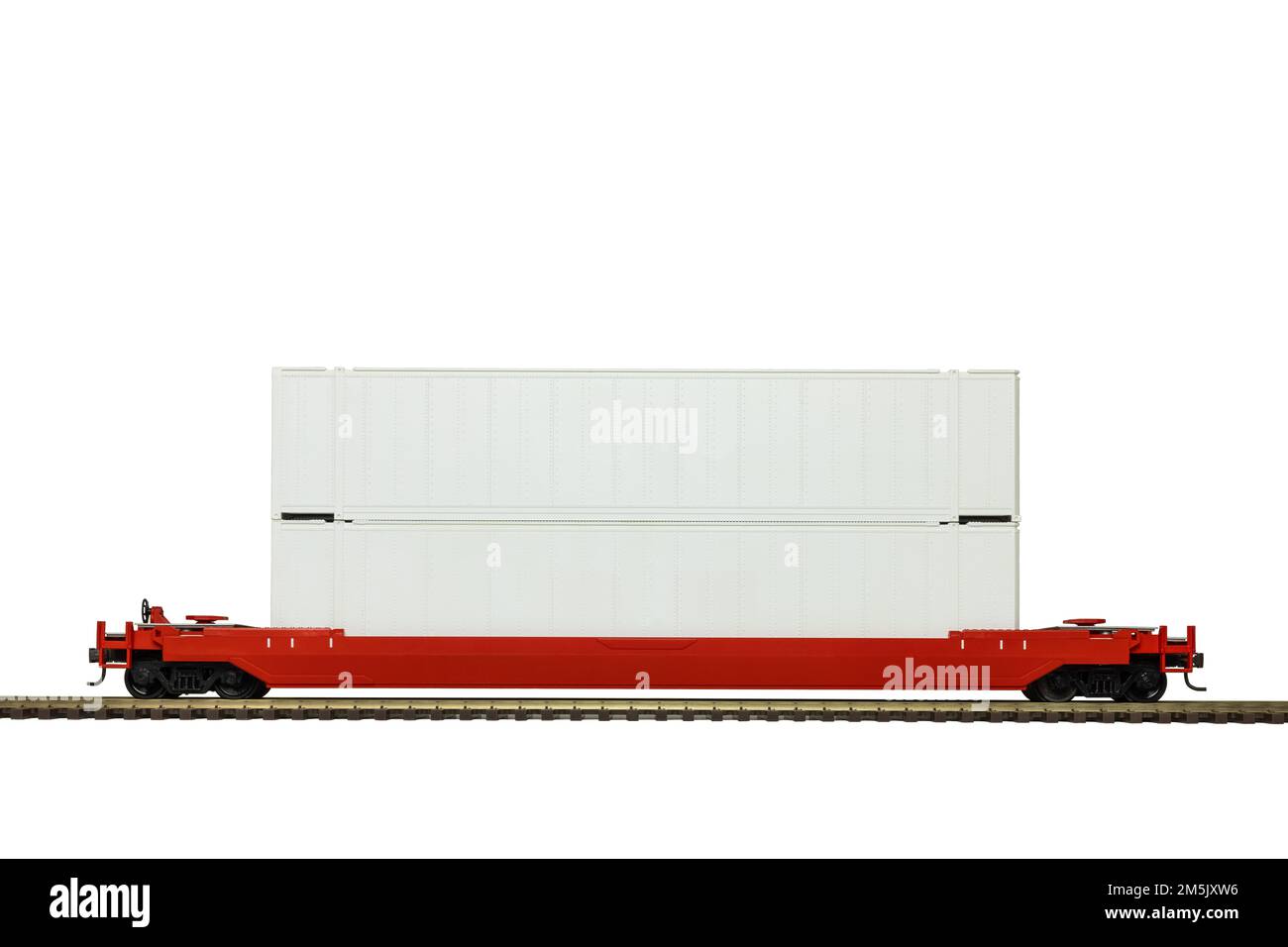 A red double stack intermodal railroad car on track. Stock Photo