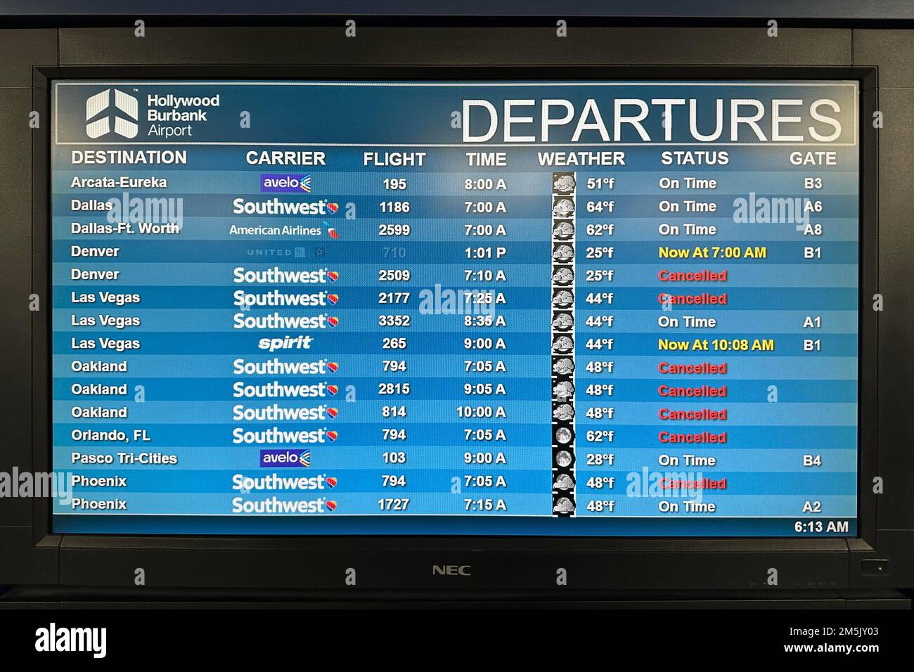 A departures flight information monitor with ontime, delayed and