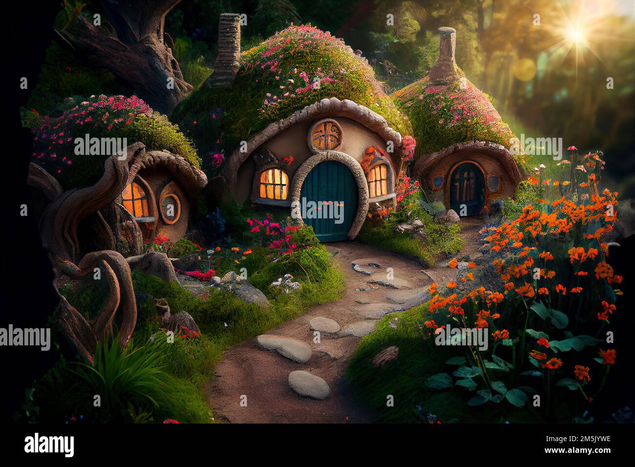 Hobbit houses in fantasy forest. Fairy tale home covered grass in magic wood at sunset. Landscape with fairytale village, path and flow Stock Photo