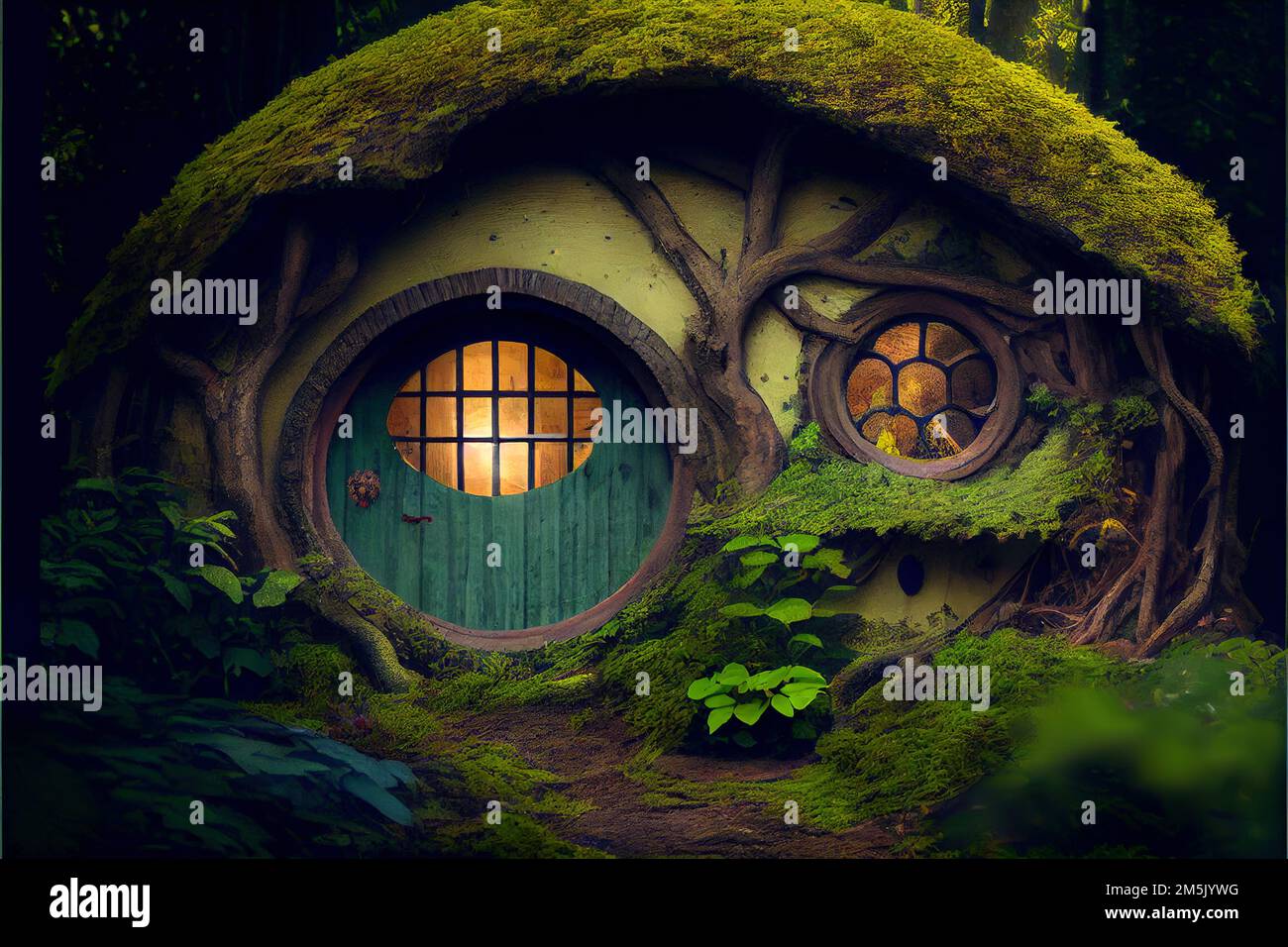 Hobbit house in fantasy forest. Fairy tale home covered green grass in magic wood. Scenery of fairytale habitation entrance, round door Stock Photo