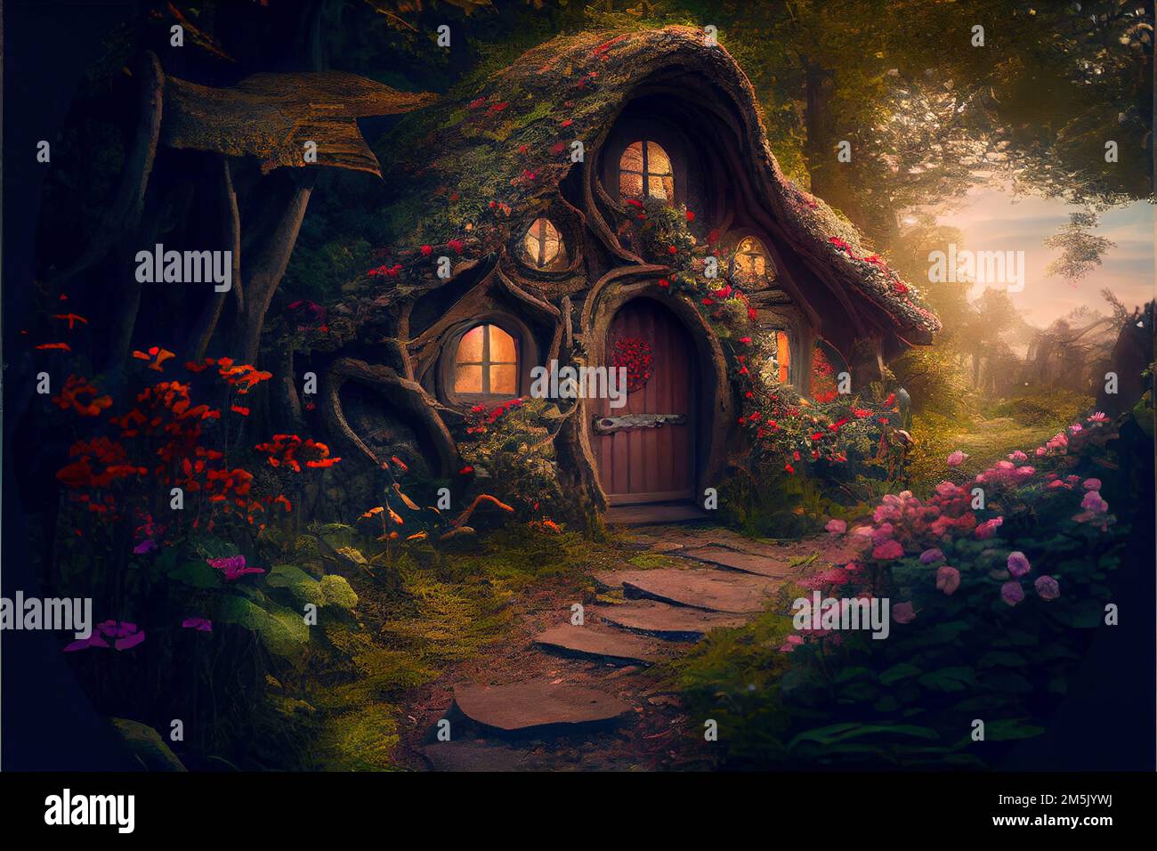 Hobbit house in fantasy forest at night. Fairy tale home in magic wood at sunset. Scenery of fairytale habitation, path and flower gard Stock Photo