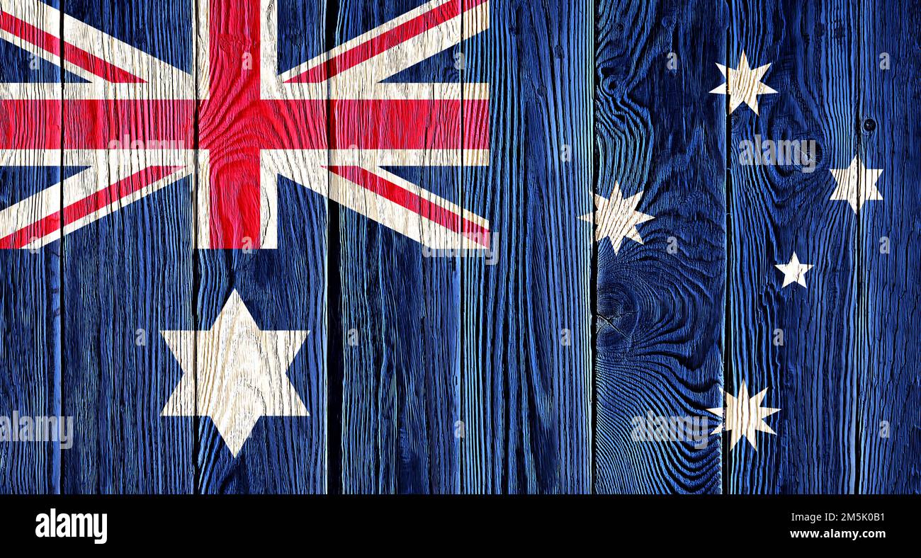 Australia flag painted on old wood plank background. Brushed natural ...
