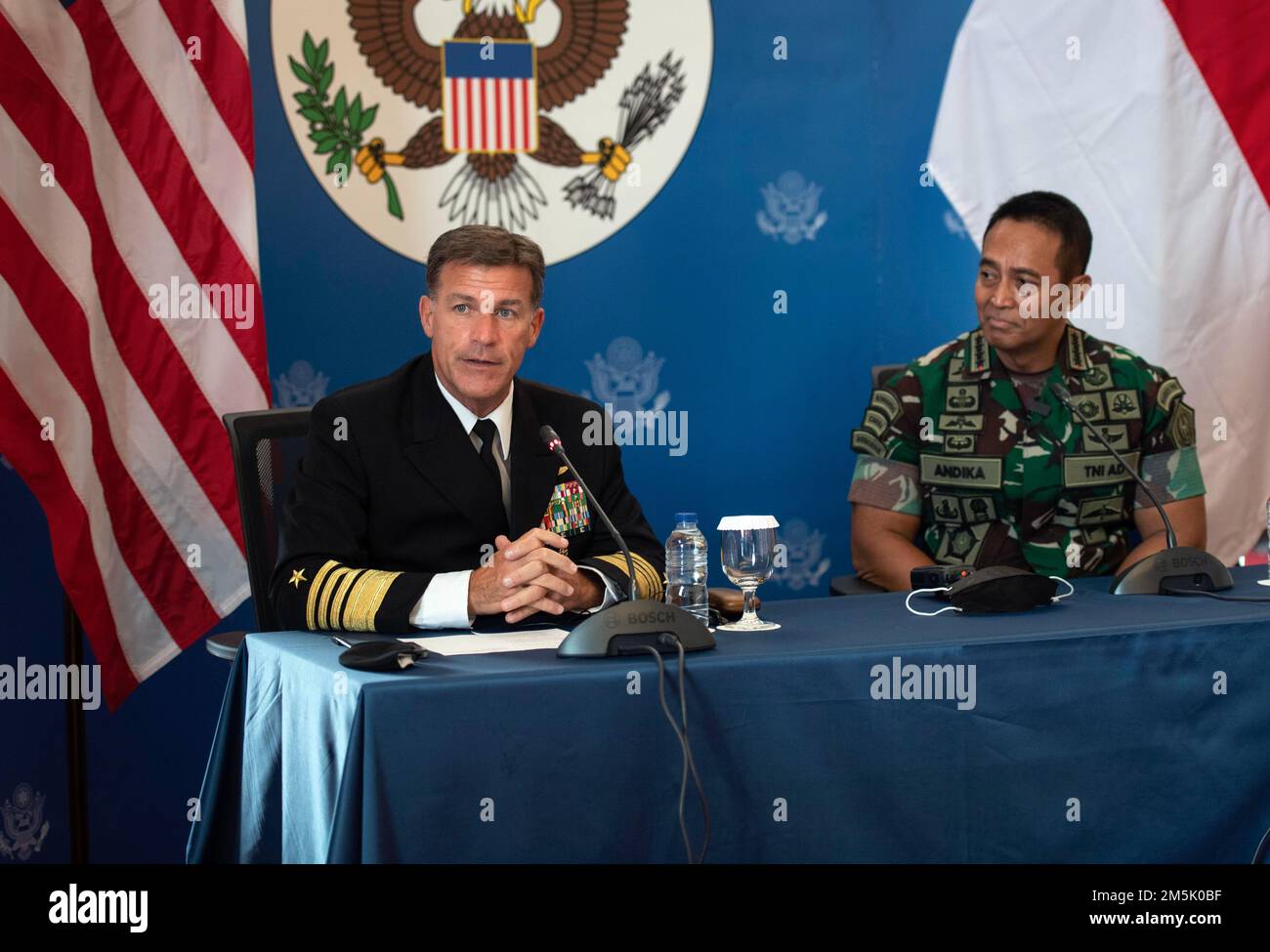 JAKARTA (March 21, 2022)  Commander, U.S. Indo-Pacific Command Adm. John C. Aquilino and Indonesia Commander of the National Armed Forces General Andika Perkasa take questions from media during a press conference.  Aquilino is in Indonesia meeting with regional leaders to strengthen the U.S. Indonesia relationship and reaffirm the importance of a free and open Indo-Pacific. Stock Photo