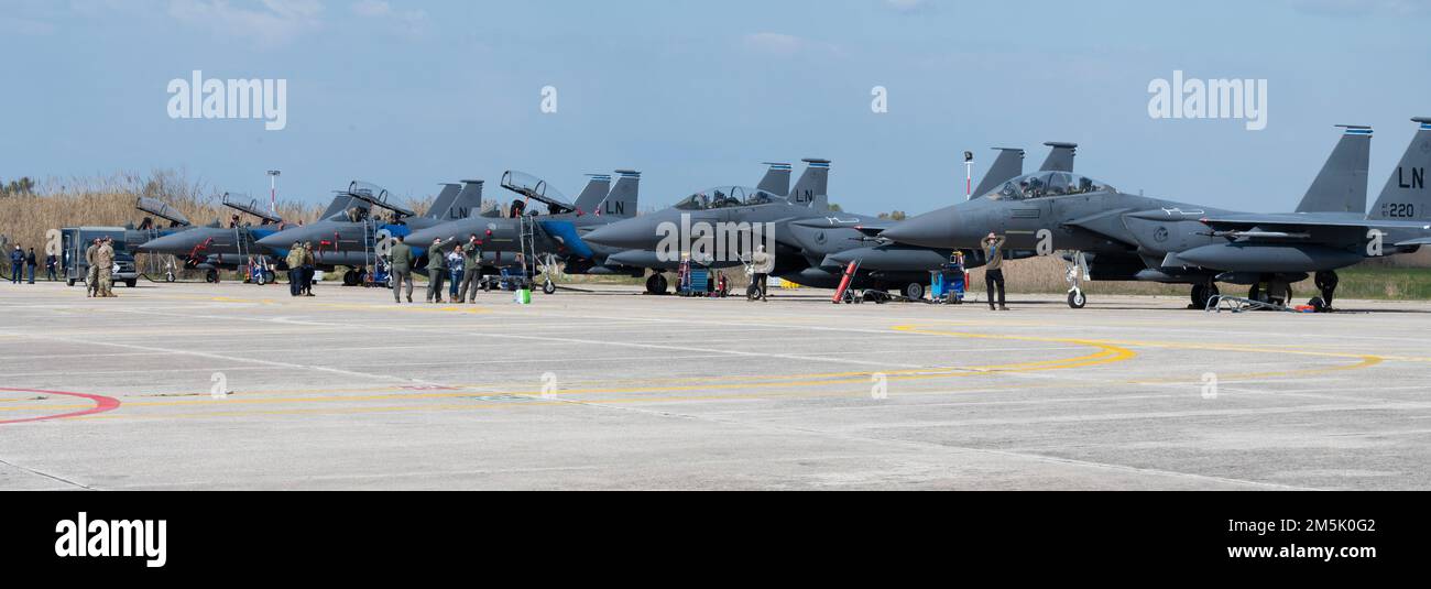 ANDRAVIDA AIR BASE, Greece – Several U.S. Air Force F-15E Eagles from the 48th Fighter Wing at Royal Air Force Lakenheath, United Kingdom, land at Andravida Air Base, Greece, March 21, 2022. The 48 FW will participate in INIOCHOS 22, a Hellenic air force-led, large force flying exercise. Stock Photo