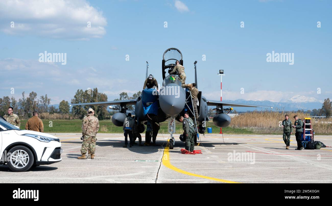 ANDRAVIDA AIR BASE, Greece – Members from the 48th Fighter Wing at Royal Air Force Lakenheath, United Kingdom prepare for the INIOCHOS 22 exercise on March 21, 2022. Participation in INIOCHOS 22 will allow the opportunity for the U.S. Air. Force pilots to develop and improve air readiness and interoperability with allied and partner air forces. Stock Photo