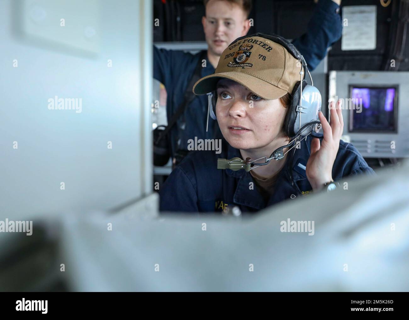 ATLANTIC OCEAN (March 21, 2022) – Lt. j.g. Stephanie Vause mans a surface radar console in the pilot house of the Arleigh Burke-class guided-missile destroyer USS Porter (DDG 78), March 21. Porter, forward-deployed to Rota, Spain, is currently participating in Task Force Exercise in the U.S. 2nd Fleet area of operations. TFEX serves as the certification exercise for independent deploying ships and is designed to test mission readiness and performance in integrated operations. Stock Photo