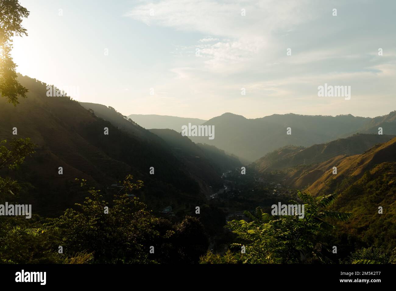 Mountain valley during sunrise. Natural summer landscape Stock Photo ...