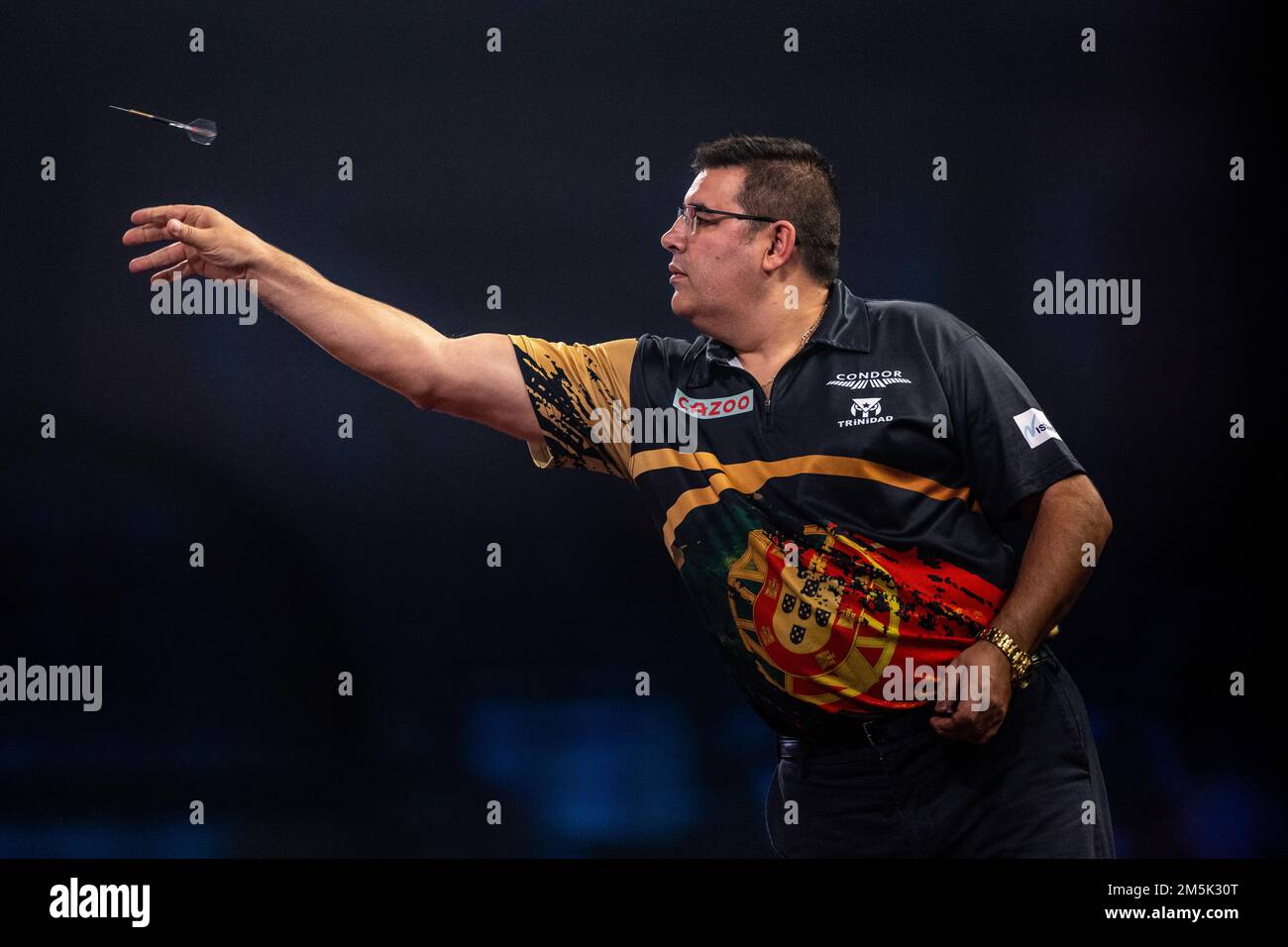Jose de Sousa in action during day twelve of the Cazoo World Darts Championship at Alexandra