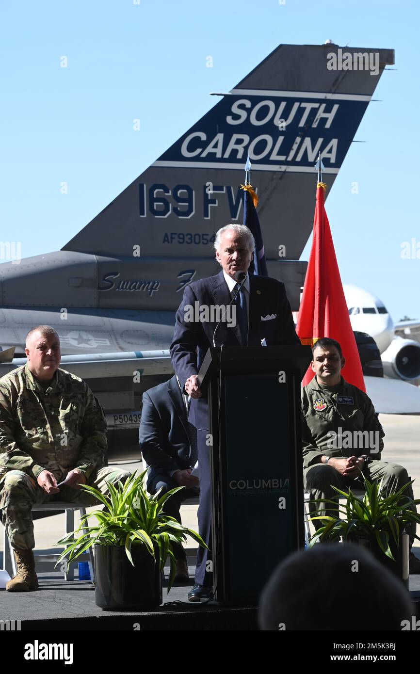 South Carolina Governor Henry McMaster, speaks to local media and distinguished visitors at the Columbia Metropolitan Airport West Cargo Hangar, Columbia, South Carolina during a press conference, March 21, 2022. Columbia Metropolitan Airport hosts a press conference to announce a six-month temporary move of F-16 fighter jet flying operations from the the South Carolina Air National Guard's 169th Fighter Wing at nearby McEntire Joint National Guard Base to their airport. This joint partnership, regarding the temporary relocation of F-16 aircraft, will begin in April 2022. Speaking during the p Stock Photo