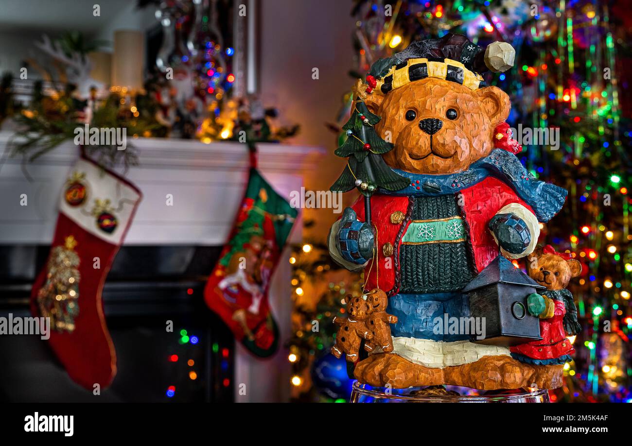 Christmas bear. On Christmas eve. His name is Little Teddy Bear. Decoration on Christmas evening. Stock Photo