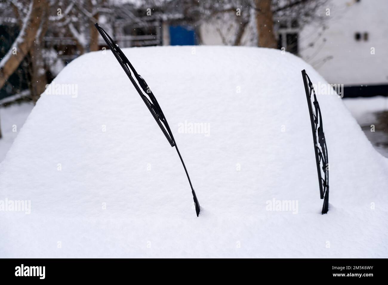 Car covered in snow, windshield in snow, wipers up Stock Photo Alamy