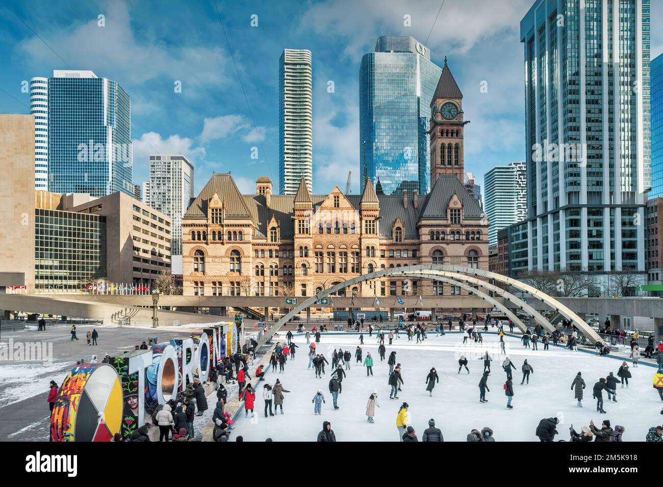 Nathan Phillips Square Skating Rink in downtown Toronto, Ontario, Canada Winter Stock Photo